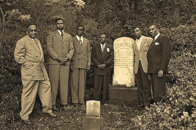 Six African American men in suits stand around the tombstone of London Nelson.